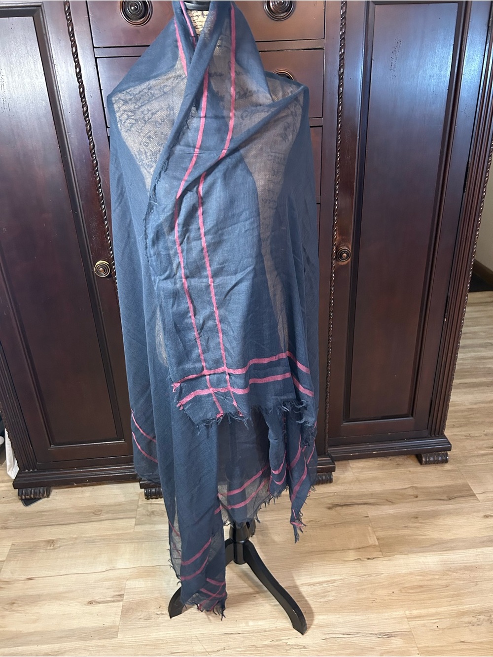 Lightweight Navy Wrap Scarf with Pink Trim